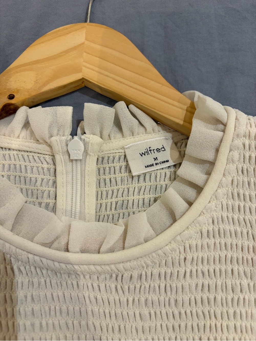 WILFRED Women's Cream Ruffle-Trim Knit Pullover Top with zipper - Picture 2 of 4
